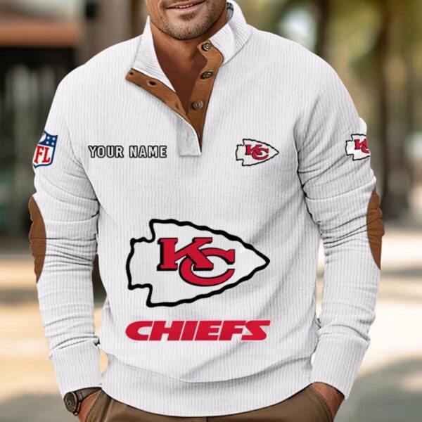 Kansas City Chiefs Button Up Shirts Stand Collar Long Sleeve Shirt Elbow Patches