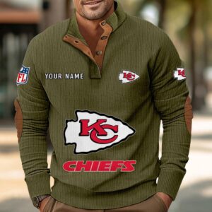 Kansas City Chiefs Button Up Shirts Stand Collar Long Sleeve Shirt Elbow Patches