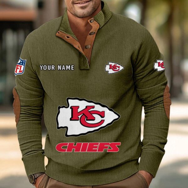 Kansas City Chiefs Button Up Shirts Stand Collar Long Sleeve Shirt Elbow Patches