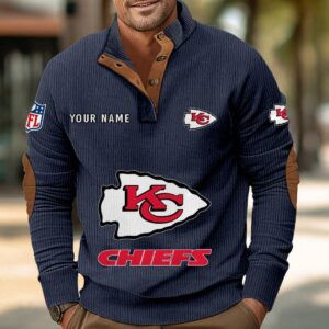 Kansas City Chiefs Button Up Shirts Stand Collar Long Sleeve Shirt Elbow Patches