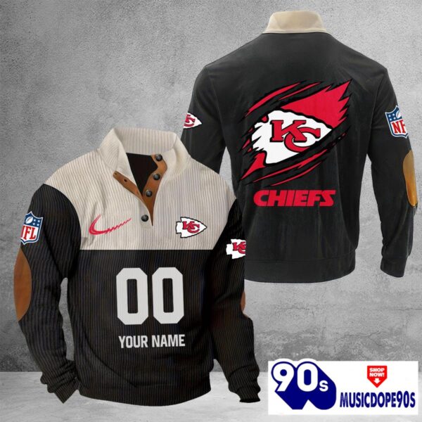 Kansas City Chiefs Vintage Button Up Shirts Stand Collar Long Sleeve Shirt Elbow Patches