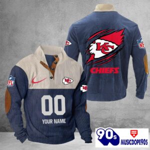Kansas City Chiefs Vintage Button Up Shirts Stand Collar Long Sleeve Shirt Elbow Patches