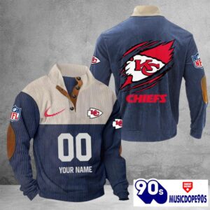 Kansas City Chiefs Vintage Button Up Shirts Stand Collar Long Sleeve Shirt Elbow Patches