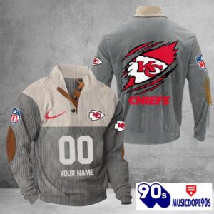 Kansas City Chiefs Vintage Button Up Shirts Stand Collar Long Sleeve Shirt Elbow Patches