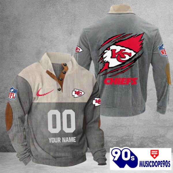 Kansas City Chiefs Vintage Button Up Shirts Stand Collar Long Sleeve Shirt Elbow Patches