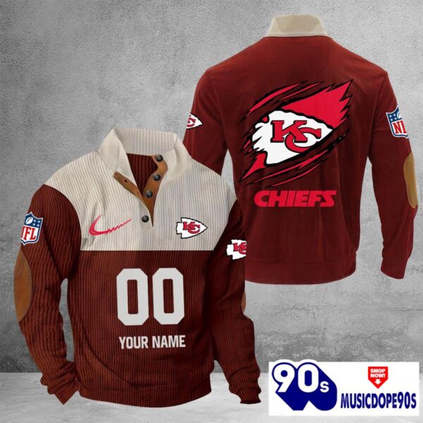 Kansas City Chiefs Vintage Button Up Shirts Stand Collar Long Sleeve Shirt Elbow Patches
