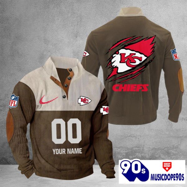 Kansas City Chiefs Vintage Button Up Shirts Stand Collar Long Sleeve Shirt Elbow Patches