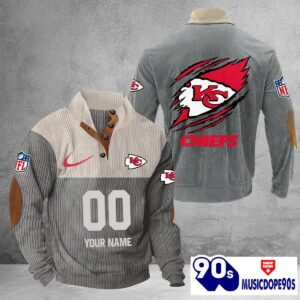 Kansas City Chiefs Vintage Button Up Shirts Stand Collar Long Sleeve Shirt Elbow Patches