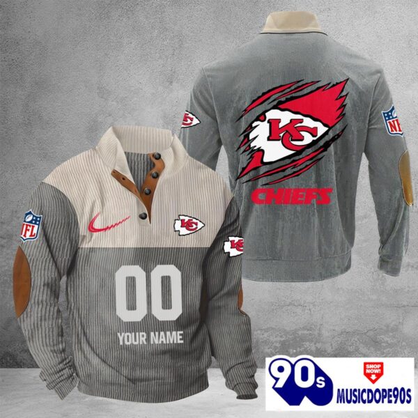 Kansas City Chiefs Vintage Button Up Shirts Stand Collar Long Sleeve Shirt Elbow Patches