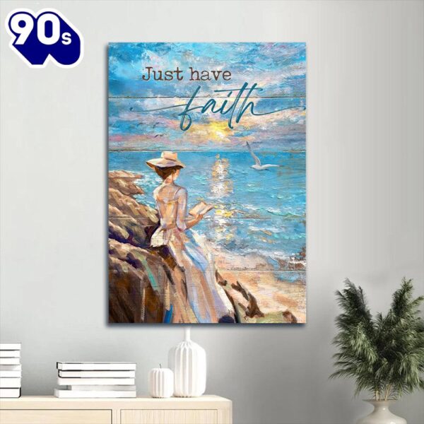 Lady Reading Book Sunrise Ocean Flying Seagull Just Have Faith Canvas Wall Art