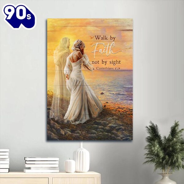 Lady Walking With Jesus Sea Sunset Walk By Faith Not By Sight Canvas Wall Art