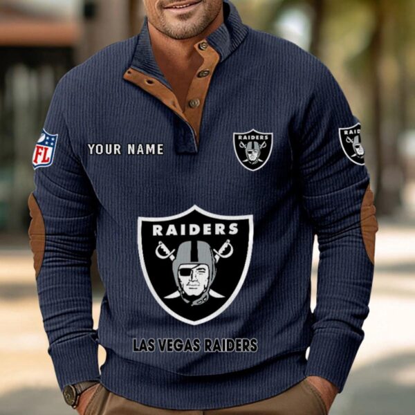 Las Vegas Raiders Button Up Shirts Stand Collar Long Sleeve Shirt Elbow Patches