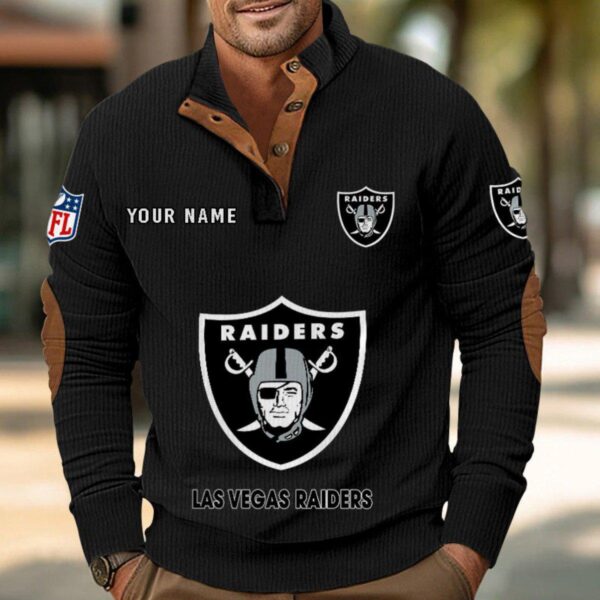 Las Vegas Raiders Button Up Shirts Stand Collar Long Sleeve Shirt Elbow Patches