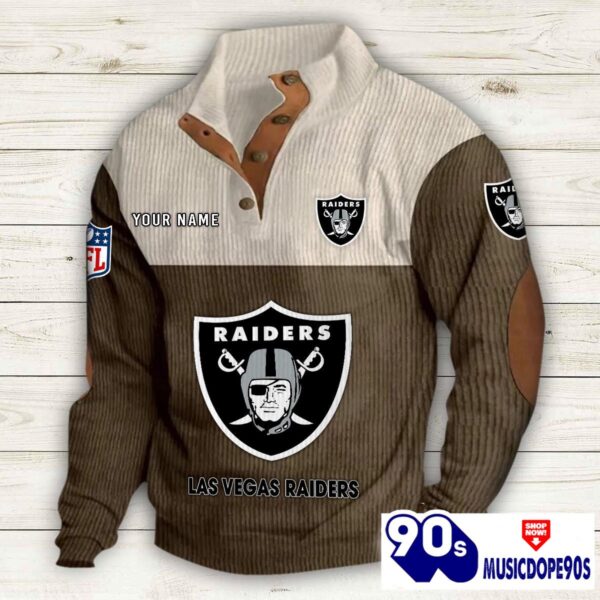 Las Vegas Raiders Button Up Shirts Stand Collar Long Sleeve Shirt Elbow Patches