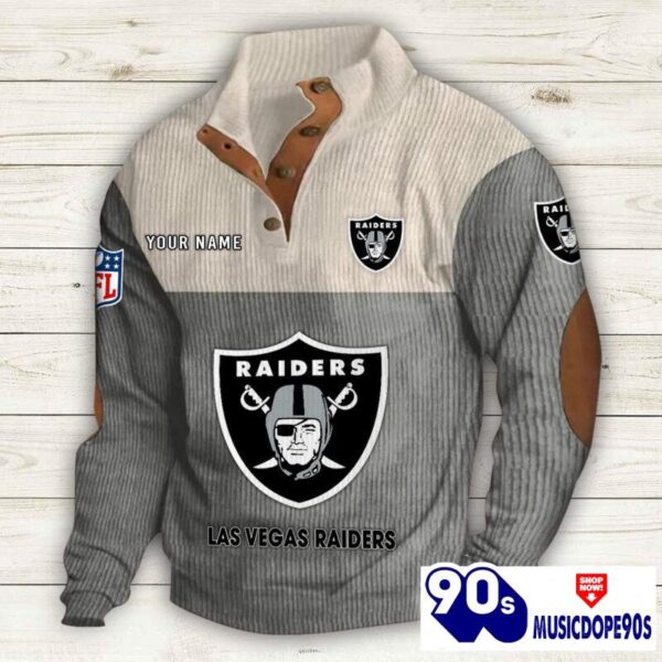 Las Vegas Raiders Button Up Shirts Stand Collar Long Sleeve Shirt Elbow Patches
