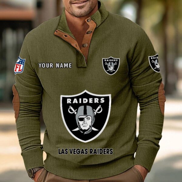 Las Vegas Raiders Button Up Shirts Stand Collar Long Sleeve Shirt Elbow Patches