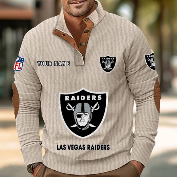 Las Vegas Raiders Button Up Shirts Stand Collar Long Sleeve Shirt Elbow Patches