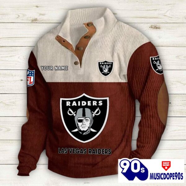 Las Vegas Raiders Button Up Shirts Stand Collar Long Sleeve Shirt Elbow Patches