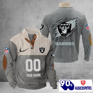 Las Vegas Raiders Vintage Button Up Shirts Stand Collar Long Sleeve Shirt Elbow Patches