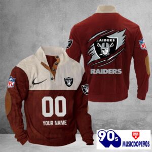 Las Vegas Raiders Vintage Button Up Shirts Stand Collar Long Sleeve Shirt Elbow Patches