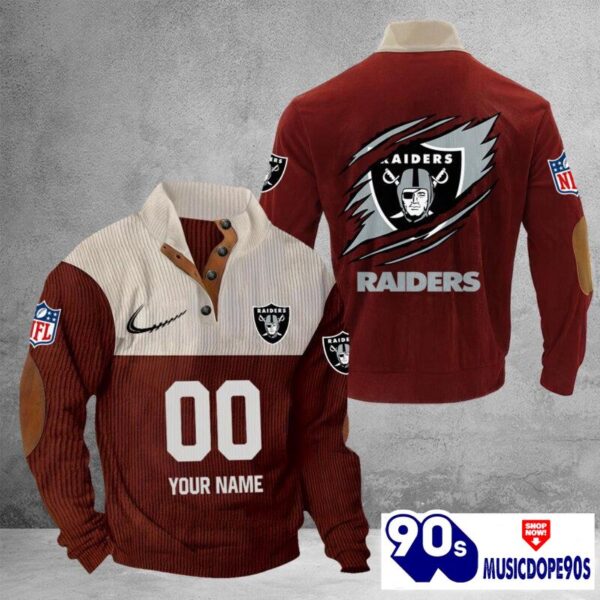 Las Vegas Raiders Vintage Button Up Shirts Stand Collar Long Sleeve Shirt Elbow Patches