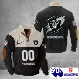 Las Vegas Raiders Vintage Button Up Shirts Stand Collar Long Sleeve Shirt Elbow Patches