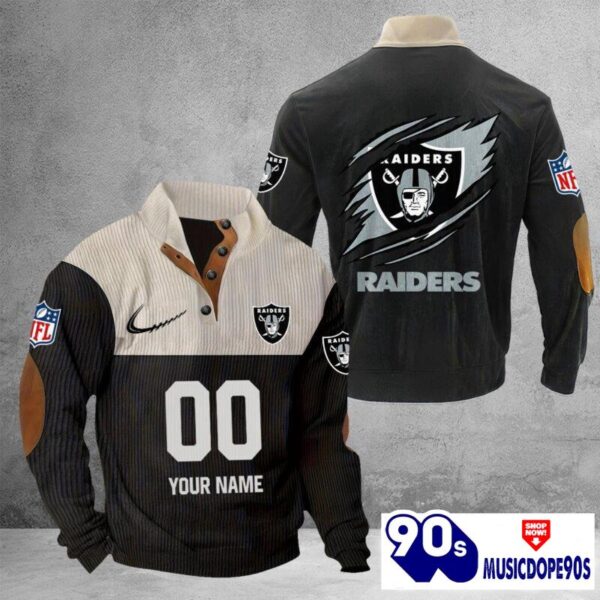 Las Vegas Raiders Vintage Button Up Shirts Stand Collar Long Sleeve Shirt Elbow Patches