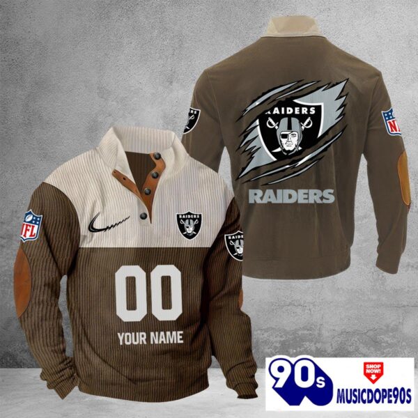 Las Vegas Raiders Vintage Button Up Shirts Stand Collar Long Sleeve Shirt Elbow Patches