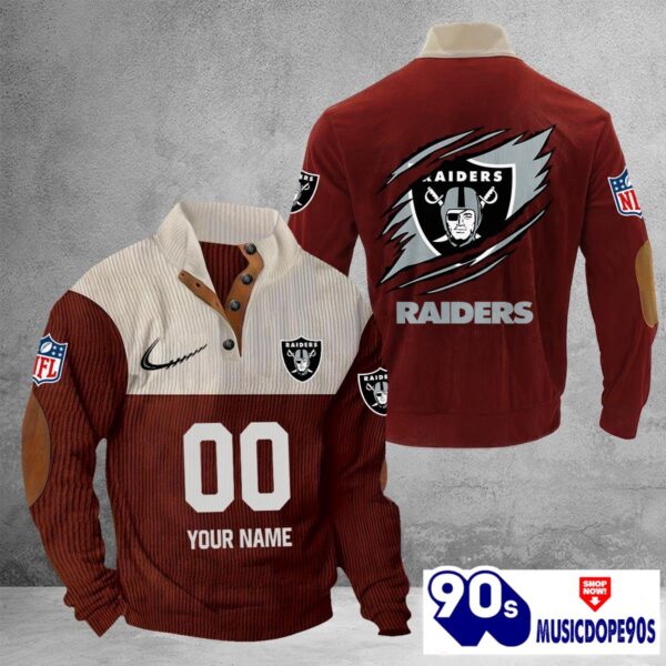 Las Vegas Raiders Vintage Button Up Shirts Stand Collar Long Sleeve Shirt Elbow Patches