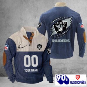 Las Vegas Raiders Vintage Button Up Shirts Stand Collar Long Sleeve Shirt Elbow Patches