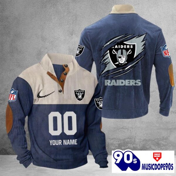 Las Vegas Raiders Vintage Button Up Shirts Stand Collar Long Sleeve Shirt Elbow Patches