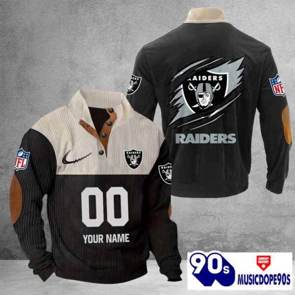 Las Vegas Raiders Vintage Button Up Shirts Stand Collar Long Sleeve Shirt Elbow Patches