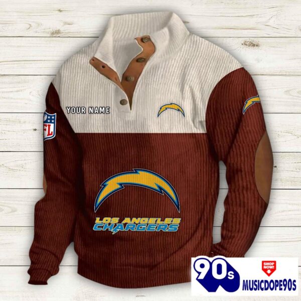 Los Angeles Chargers Button Up Shirts Stand Collar Long Sleeve Shirt Elbow Patches