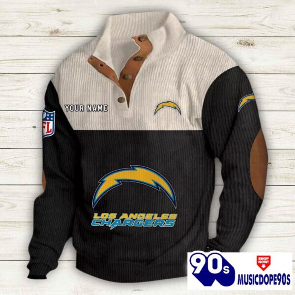 Los Angeles Chargers Button Up Shirts Stand Collar Long Sleeve Shirt Elbow Patches