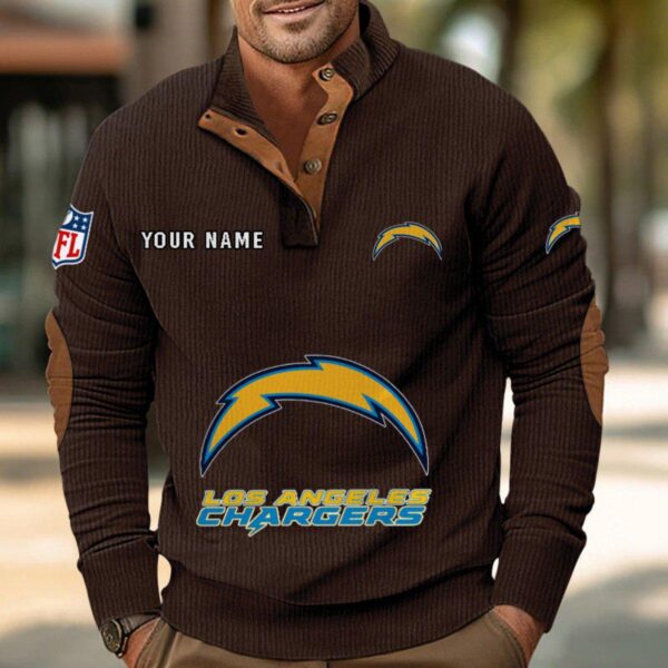 Los Angeles Chargers Button Up Shirts Stand Collar Long Sleeve Shirt Elbow Patches