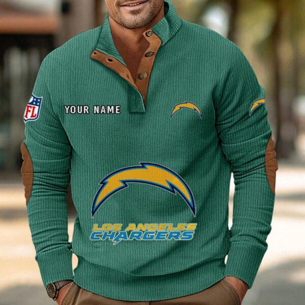 Los Angeles Chargers Button Up Shirts Stand Collar Long Sleeve Shirt Elbow Patches