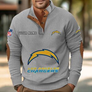Los Angeles Chargers Button Up Shirts Stand Collar Long Sleeve Shirt Elbow Patches