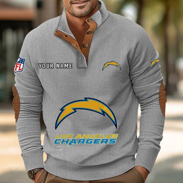 Los Angeles Chargers Button Up Shirts Stand Collar Long Sleeve Shirt Elbow Patches