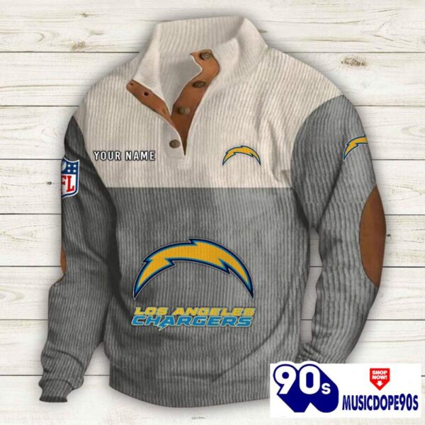 Los Angeles Chargers Button Up Shirts Stand Collar Long Sleeve Shirt Elbow Patches