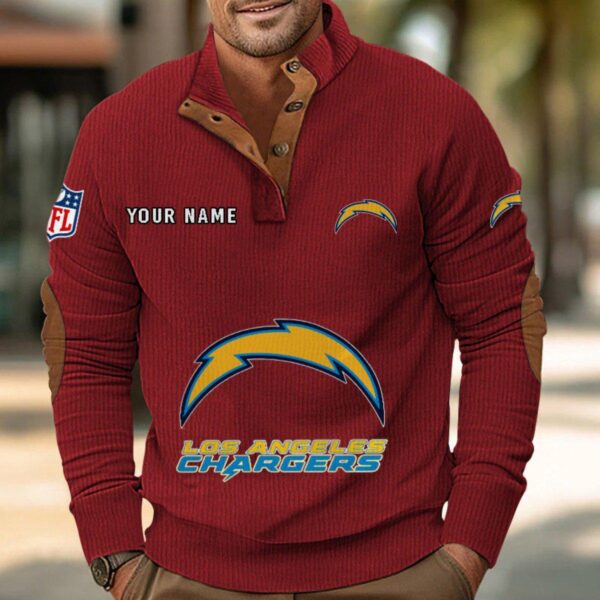 Los Angeles Chargers Button Up Shirts Stand Collar Long Sleeve Shirt Elbow Patches