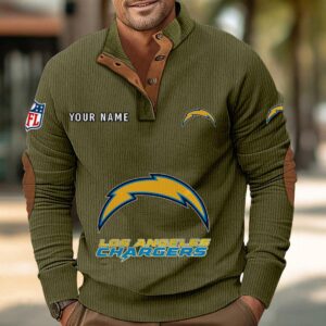 Los Angeles Chargers Button Up Shirts Stand Collar Long Sleeve Shirt Elbow Patches