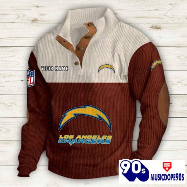 Los Angeles Chargers Button Up Shirts Stand Collar Long Sleeve Shirt Elbow Patches