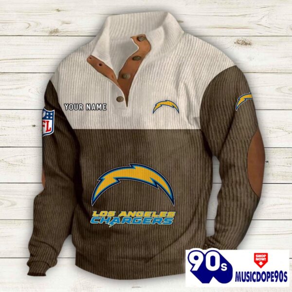 Los Angeles Chargers Button Up Shirts Stand Collar Long Sleeve Shirt Elbow Patches