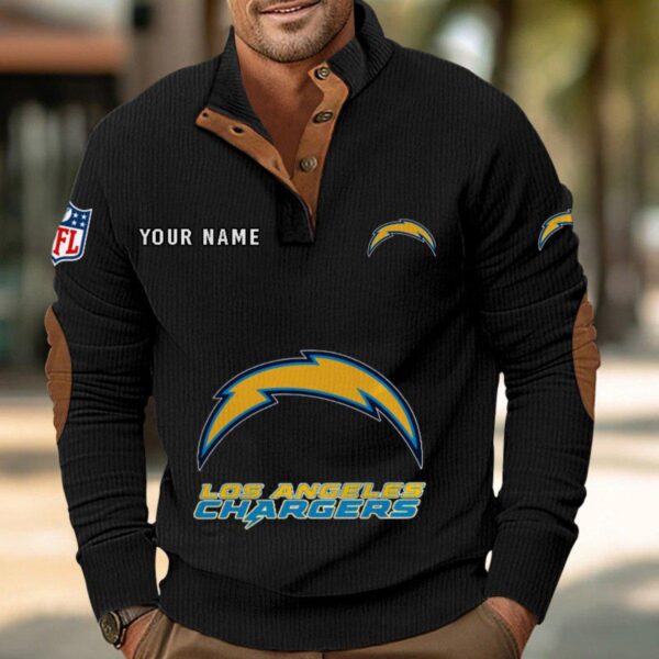 Los Angeles Chargers Button Up Shirts Stand Collar Long Sleeve Shirt Elbow Patches