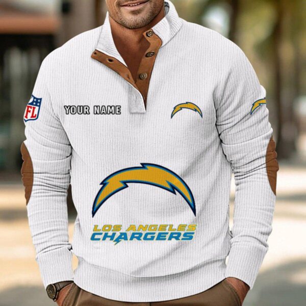 Los Angeles Chargers Button Up Shirts Stand Collar Long Sleeve Shirt Elbow Patches