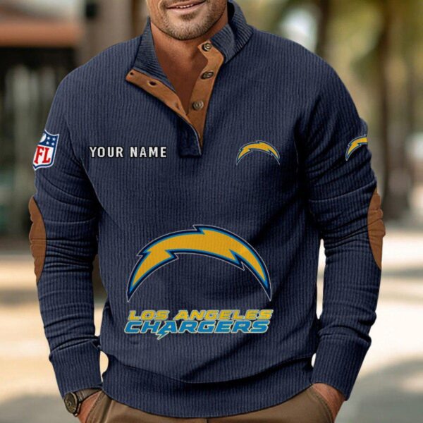 Los Angeles Chargers Button Up Shirts Stand Collar Long Sleeve Shirt Elbow Patches