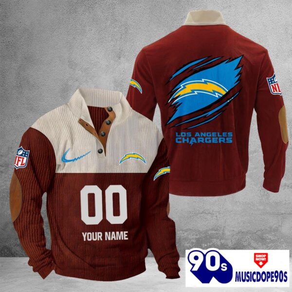 Los Angeles Chargers Vintage Button Up Shirts Stand Collar Long Sleeve Shirt Elbow Patches