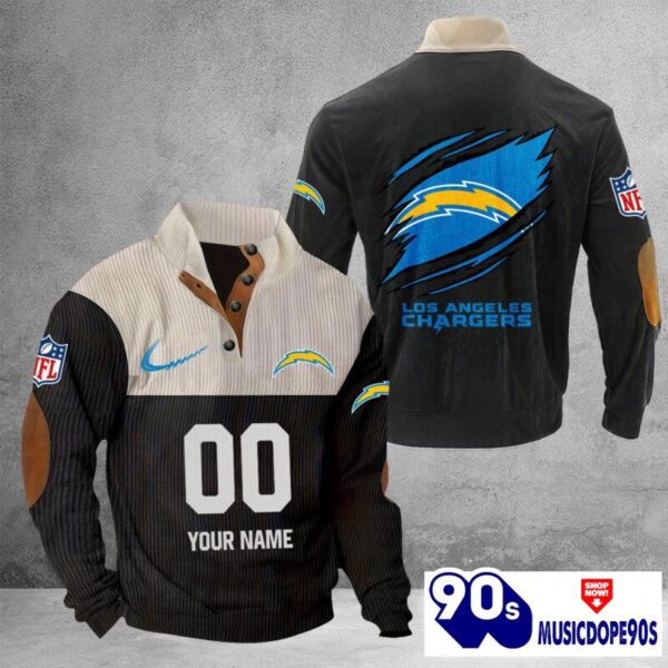 Los Angeles Chargers Vintage Button Up Shirts Stand Collar Long Sleeve Shirt Elbow Patches