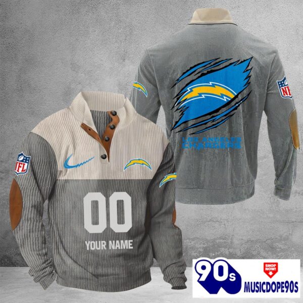 Los Angeles Chargers Vintage Button Up Shirts Stand Collar Long Sleeve Shirt Elbow Patches