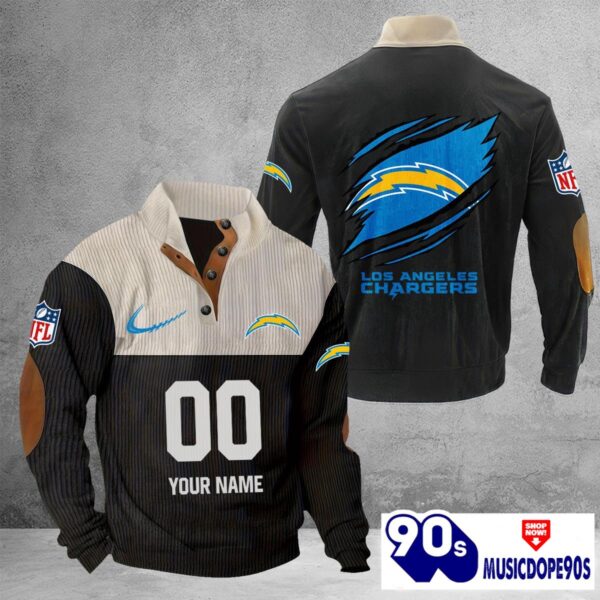 Los Angeles Chargers Vintage Button Up Shirts Stand Collar Long Sleeve Shirt Elbow Patches